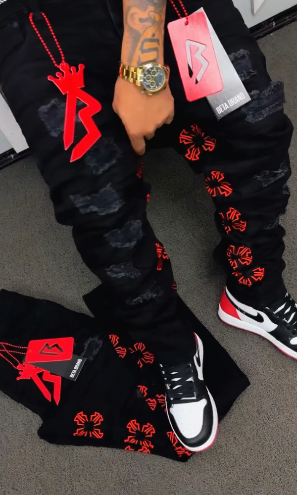Men's Embroidered Distressed Jeans