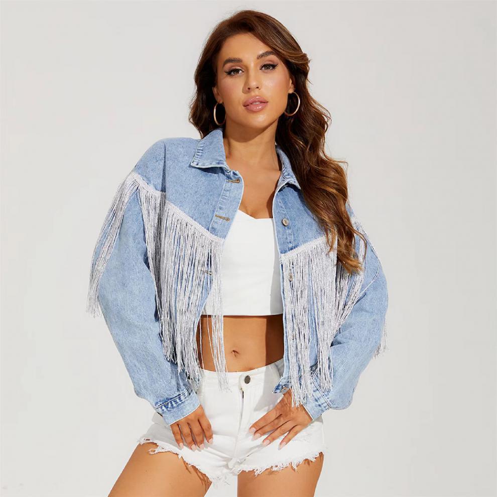 Fringed lapel denim jacket