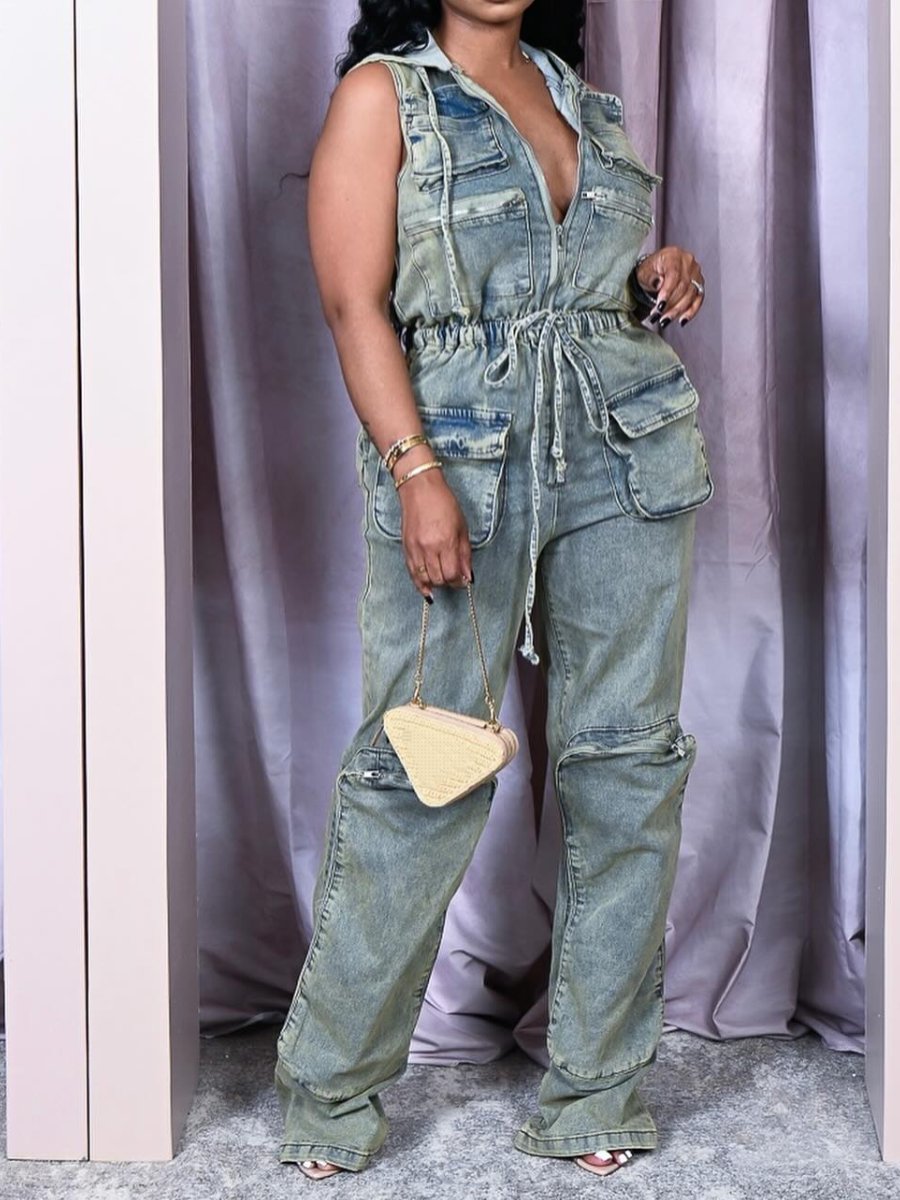 Hooded Tooling Stretch Denim Jumpsuit