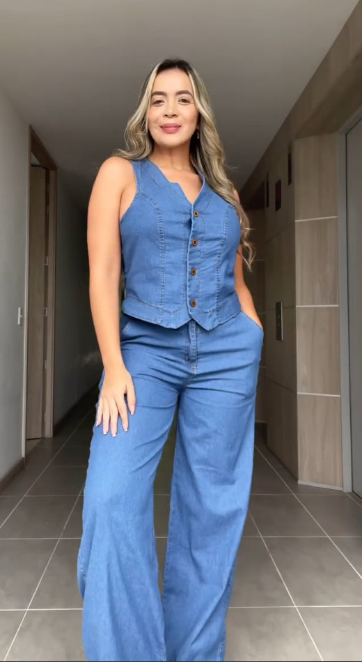 Versatile Casual V-neck Denim Set