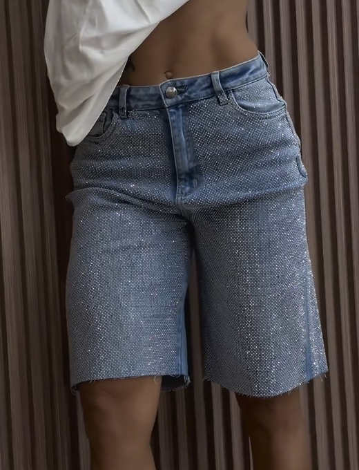 Trendy Rhinestone Casual Jeans Shorts