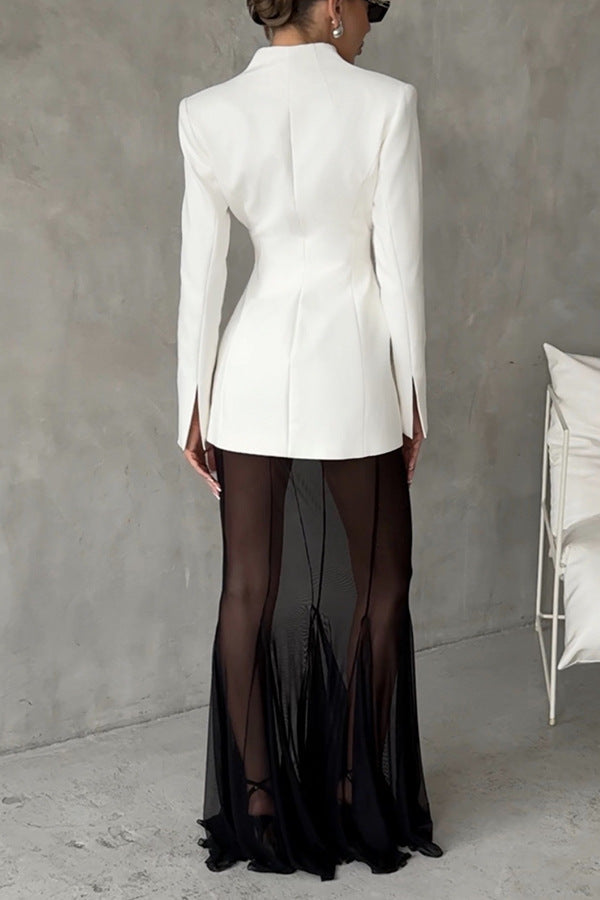 Long Sleeve Satin Comfort Blazer & Skirt
