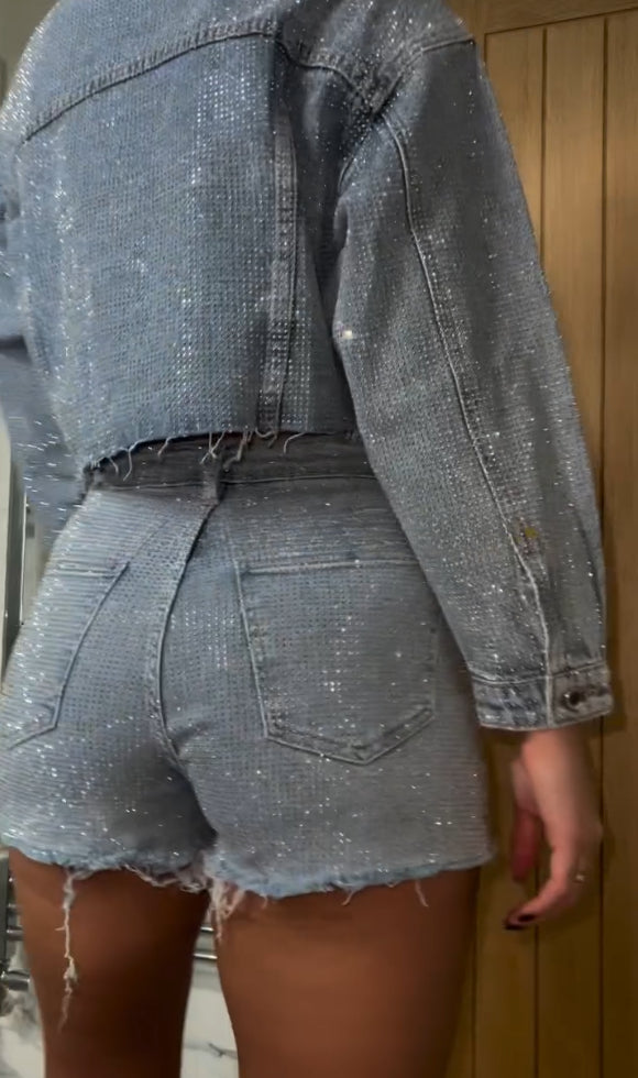 Shiny Party Denim Jacket & Shorts 2-Piece Set