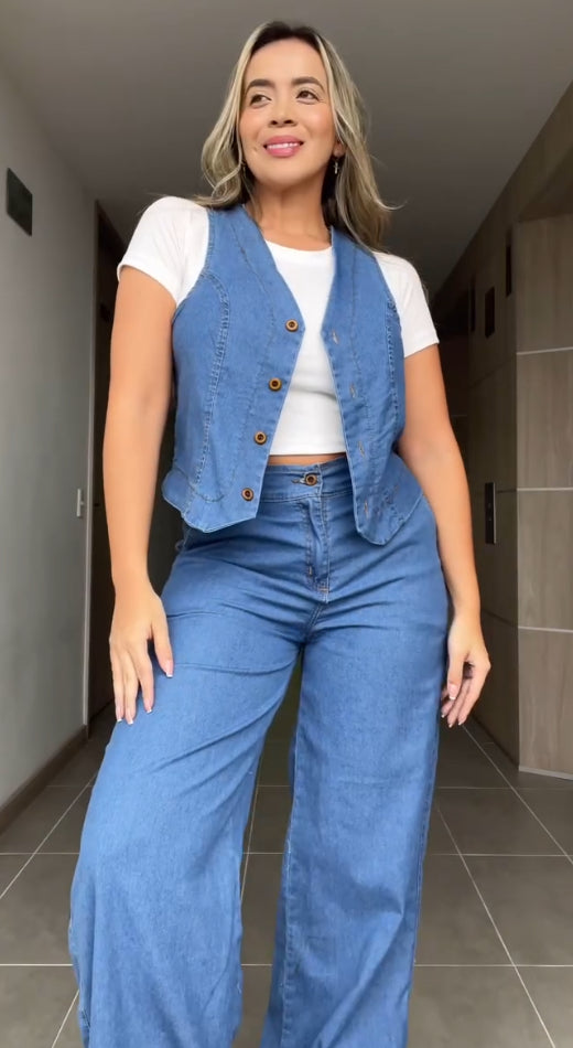 Versatile Casual V-neck Denim Set