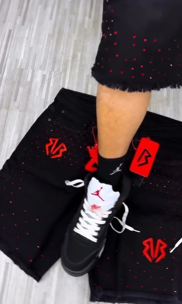 Men's Rhinestone Frayed Denim Shorts