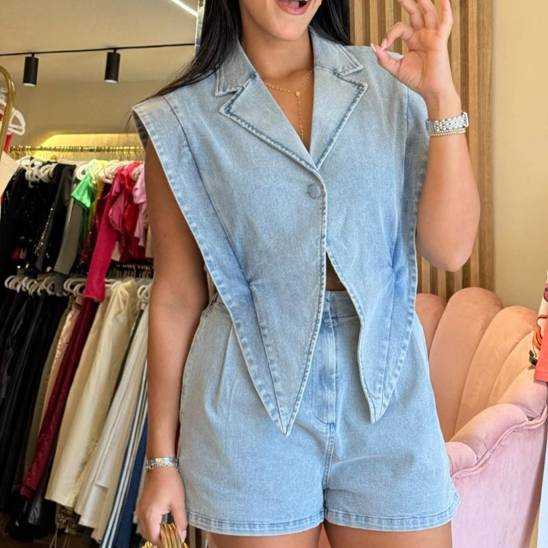 Casual Denim Shorts Set