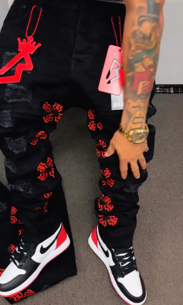 Men's Embroidered Distressed Jeans