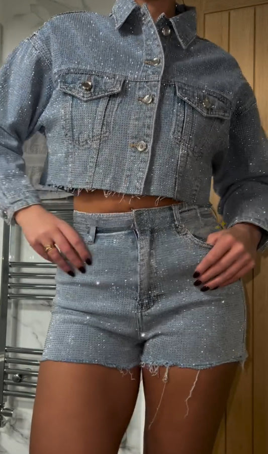 Shiny Party Denim Jacket & Shorts 2-Piece Set