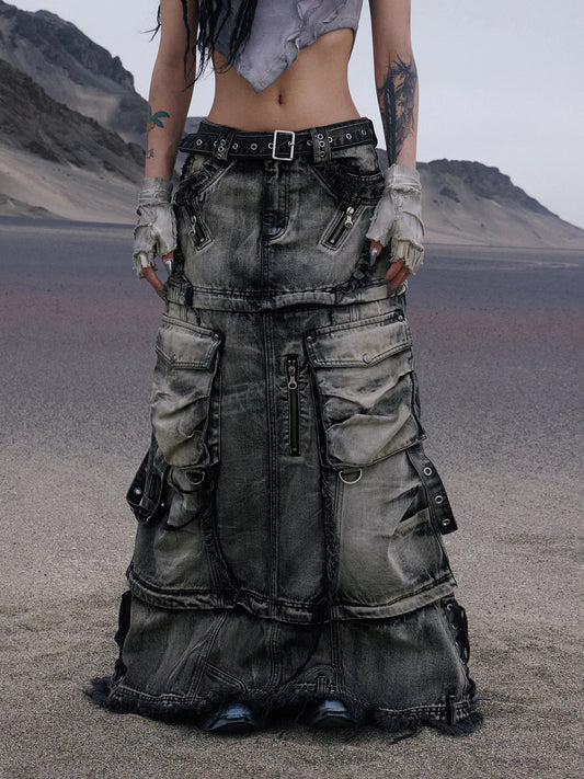 Zipper Pocket Faded Denim Maxi Skirt