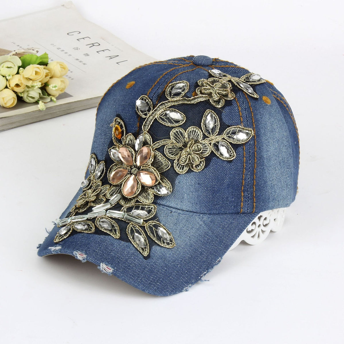 Fashionable Flower Rhinestone Denim Cap