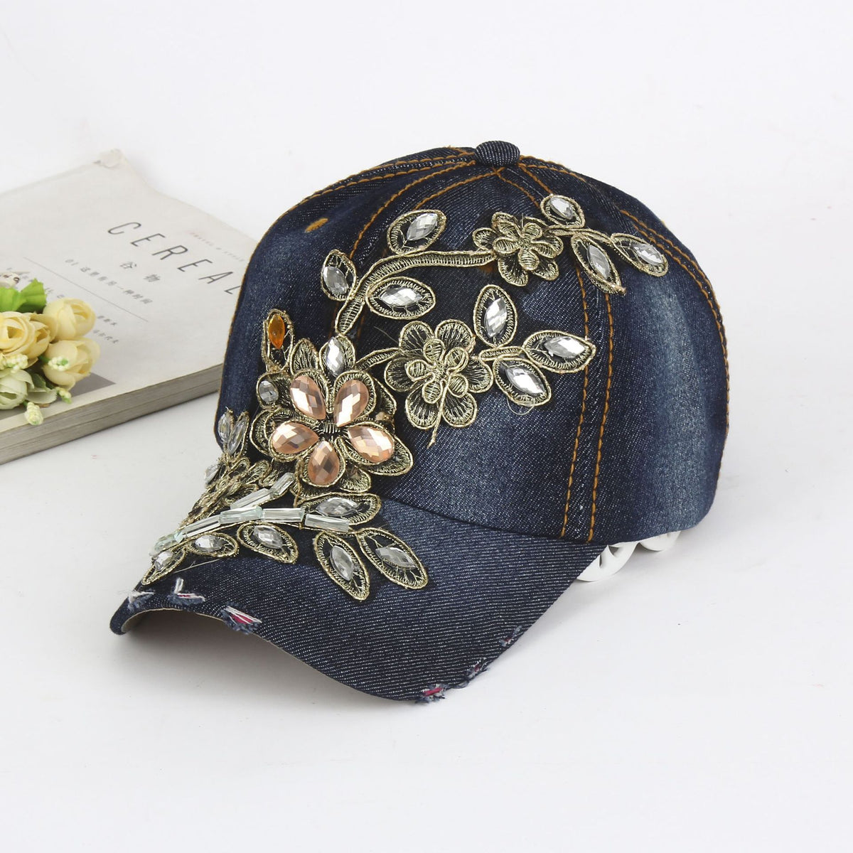 Fashionable Flower Rhinestone Denim Cap