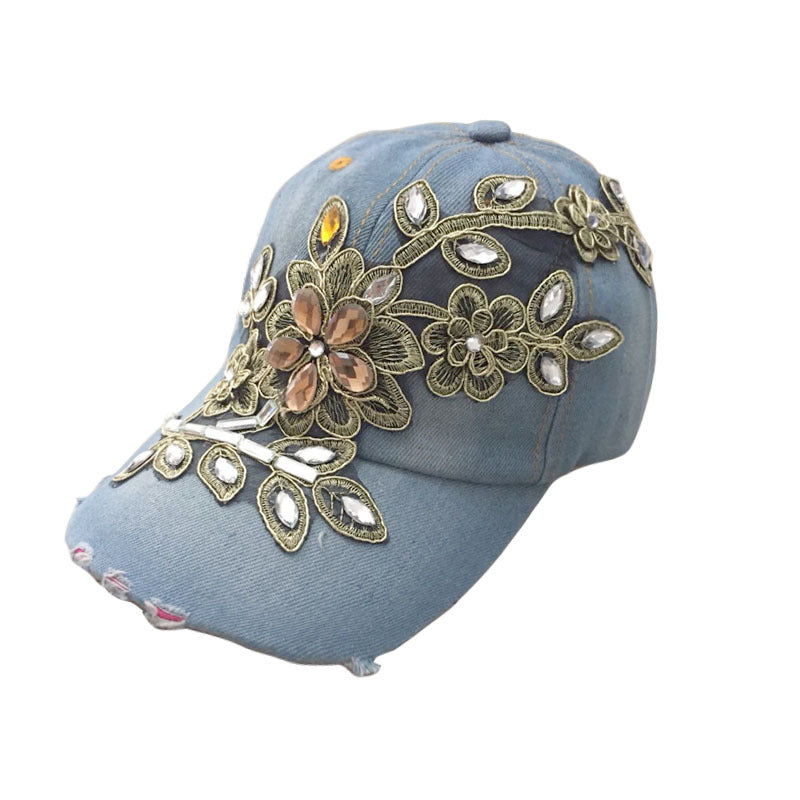 Fashionable Flower Rhinestone Denim Cap