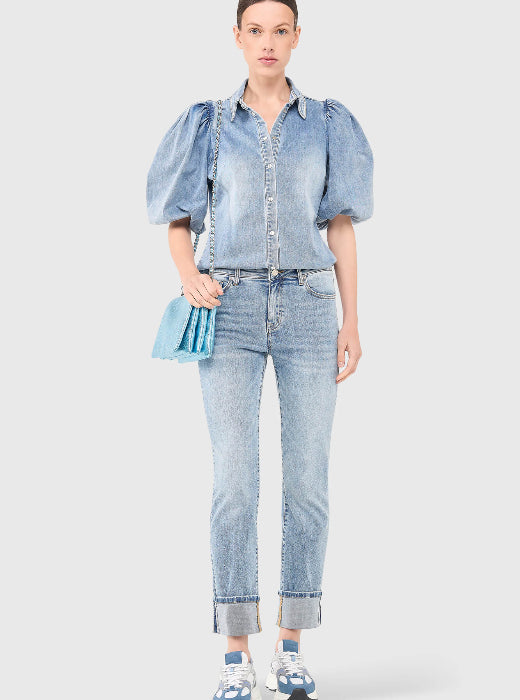 Denim Puff Sleeve Casual Shirt Top