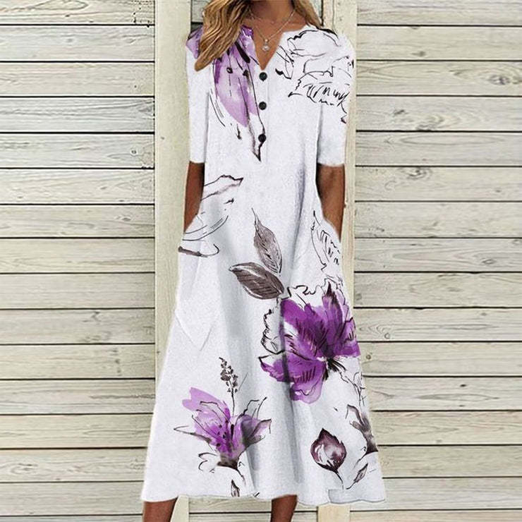 Print V-Neck 3/4 Sleeve Midi Dress