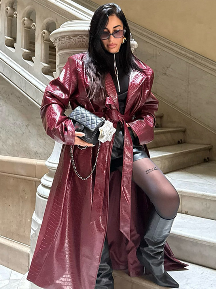 Women's Retro Long Leather Coat