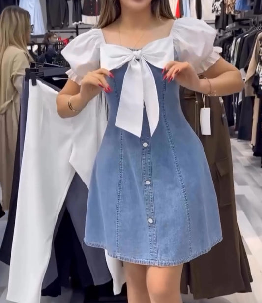 Puff Sleeve Denim  Dress