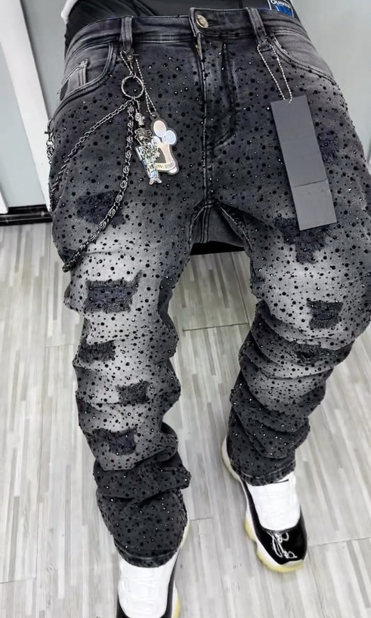 Trendy Ripped Rhinestone Jeans