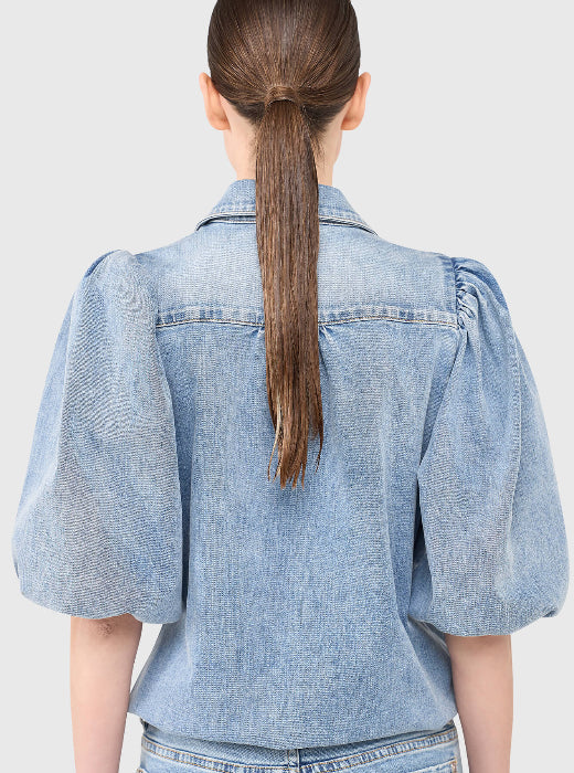 Denim Puff Sleeve Casual Shirt Top