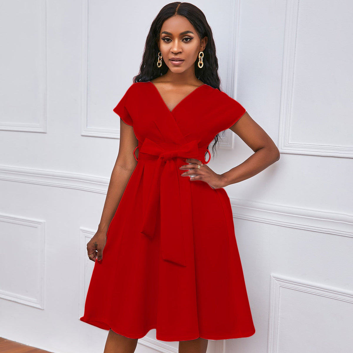 Solid Color Deep V-neck Sexy Dress
