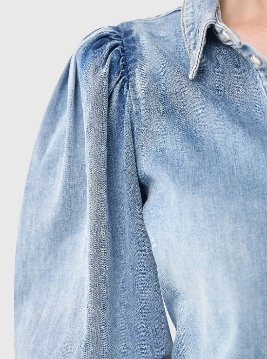 Denim Puff Sleeve Casual Shirt Top