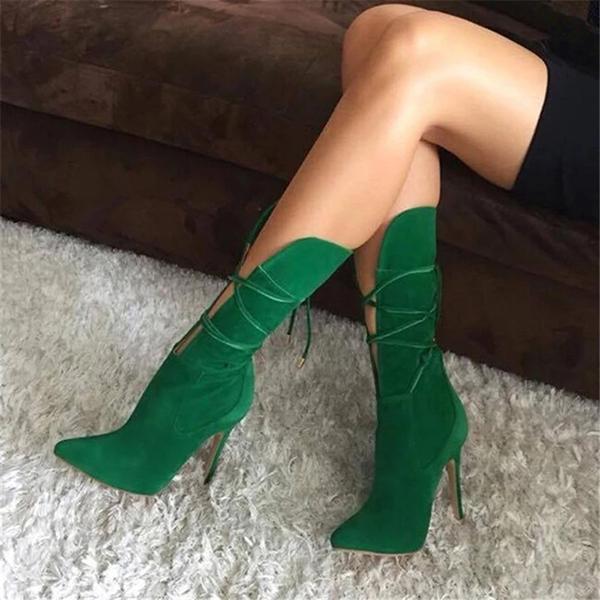 Solid Zipper Cross Tied Stiletto Heel Boots