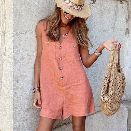 Button V-neck Vest One-piece Jumpsuit