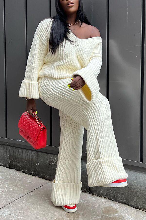 Casual Solid Color Loose Knitted Suit