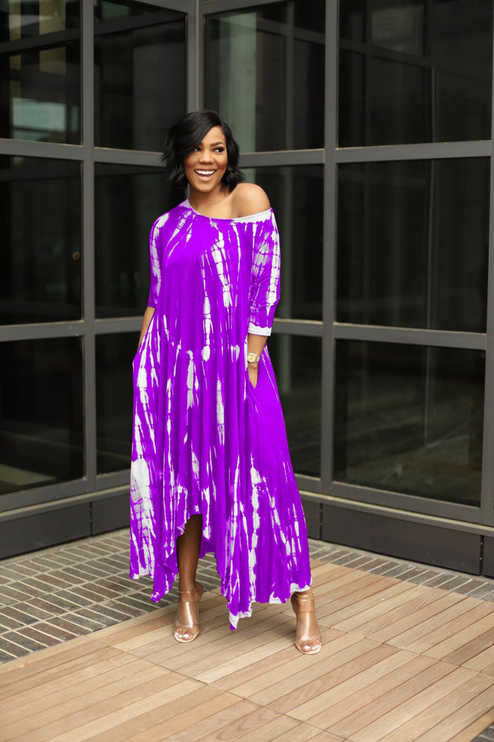 Wide Neck Tie Dyed Dress With Pockets