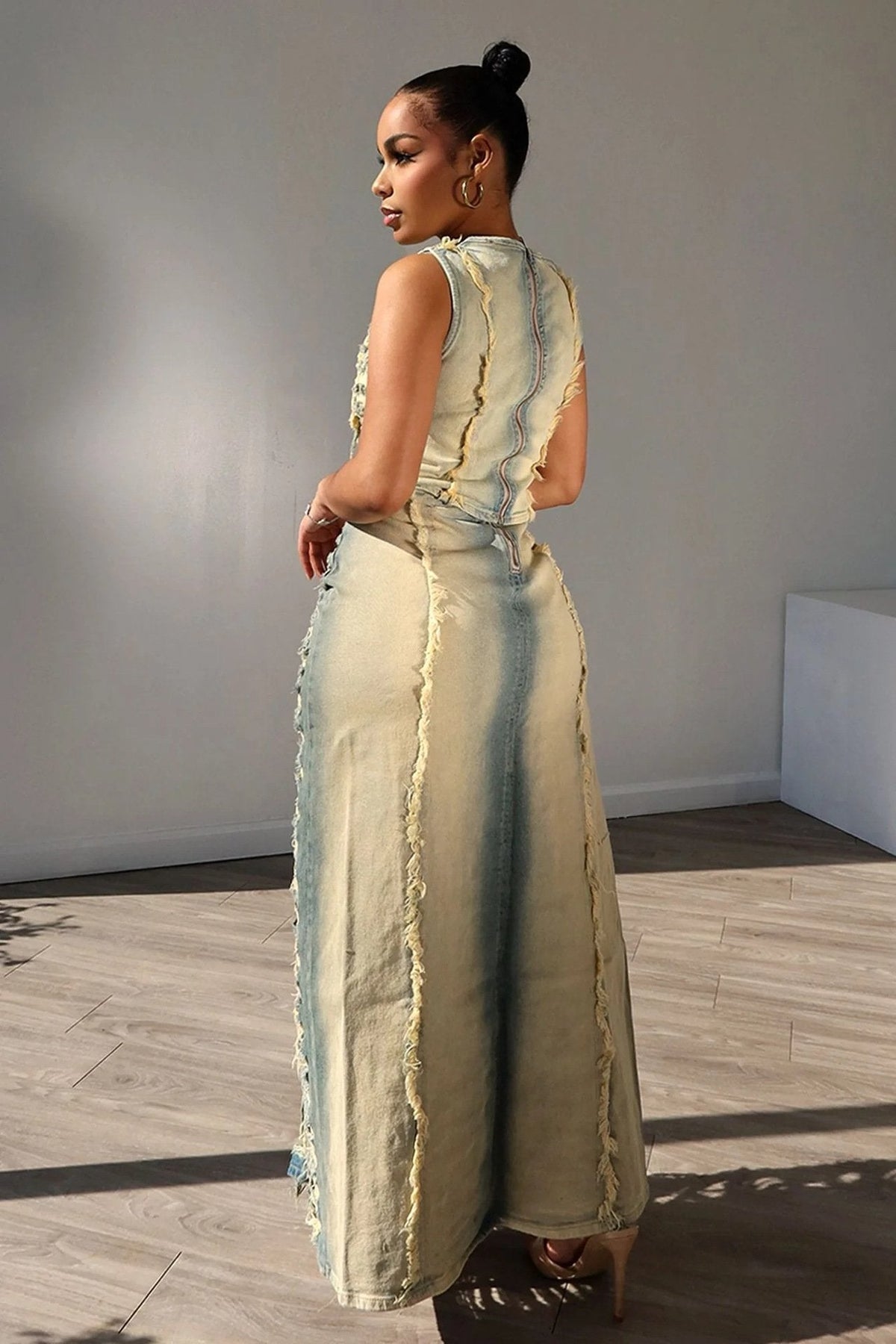 Handmade frayed vest and denim skirt suit