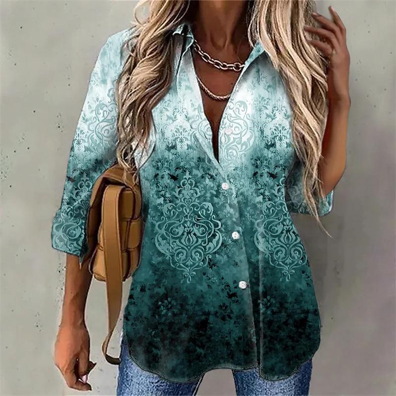 Noble Collared Print Long Sleeve Top