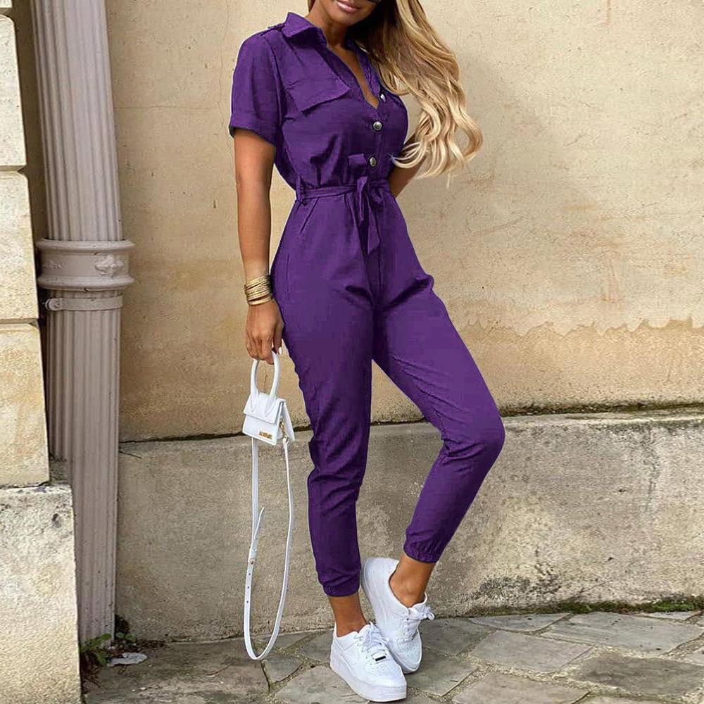 Plain Vacation Lapel Jumpsuit & Romper