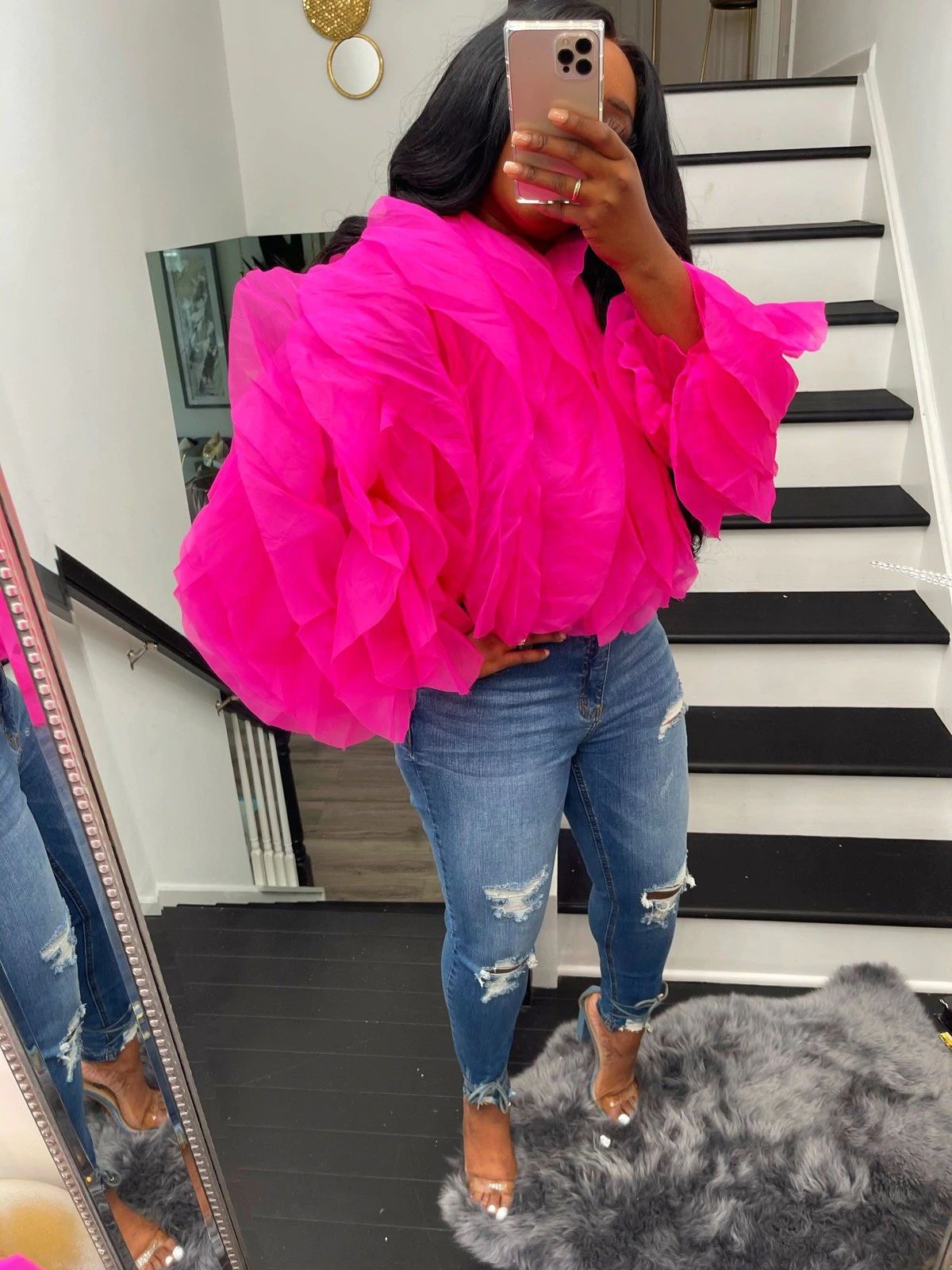 Layered Fluffy Petal Chiffon Long Sleeve Top