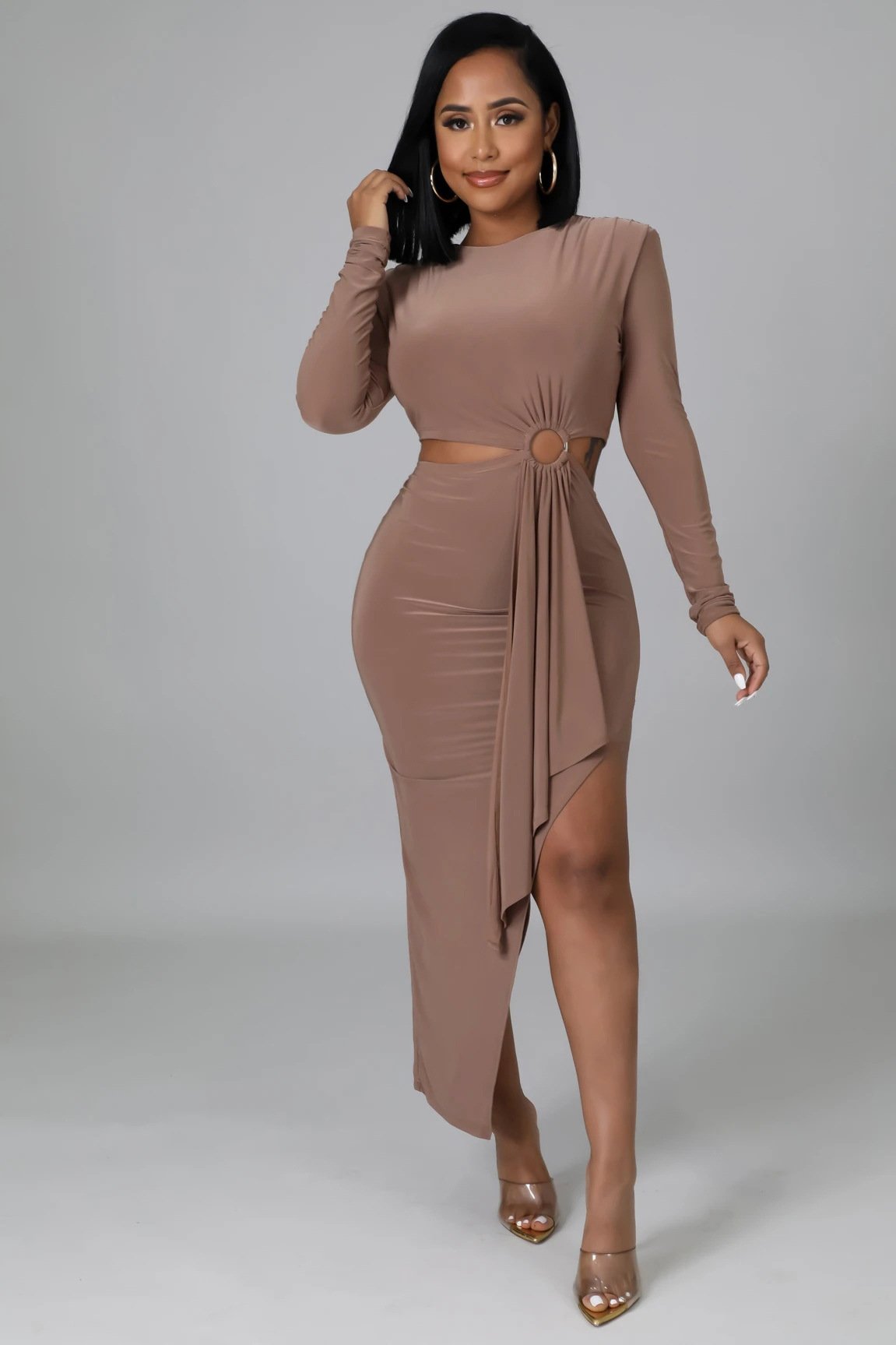 Solid Color Long Sleeve Irregular Waist Dress