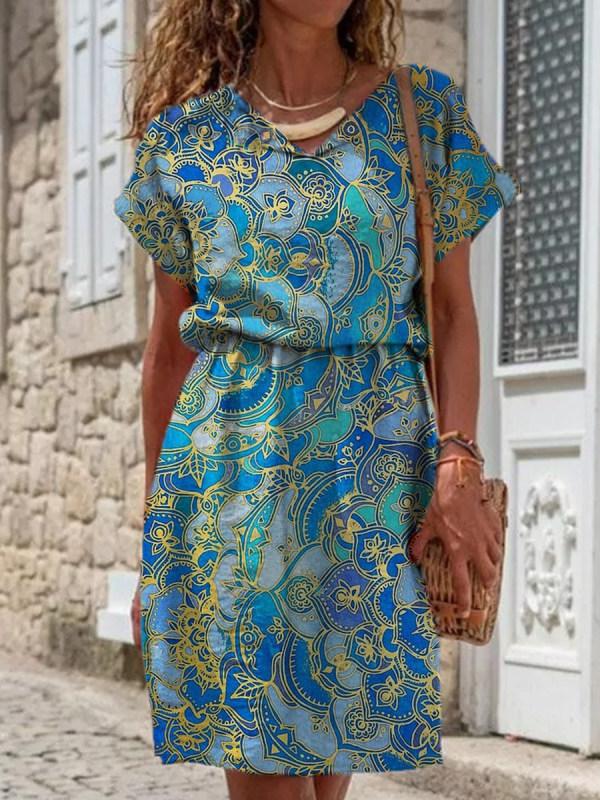 Flower Print V-neckline Loose Dress