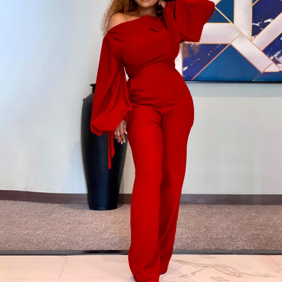 Slanted Shoulder Casual Jumpsuit