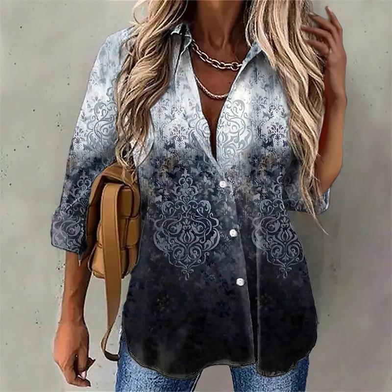 Noble Collared Print Long Sleeve Top