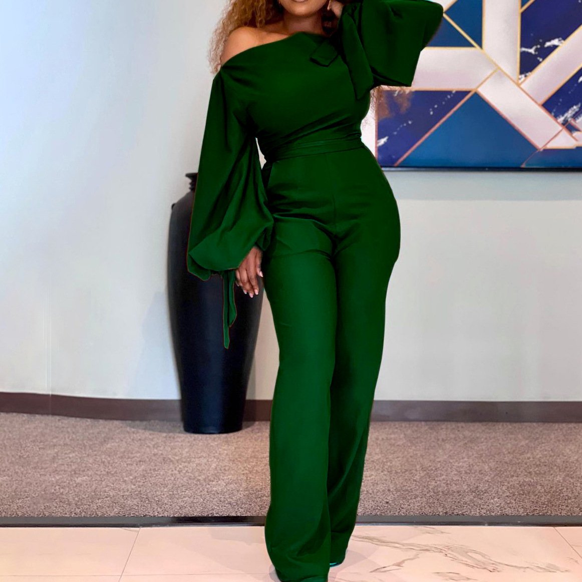 Slanted Shoulder Casual Jumpsuit