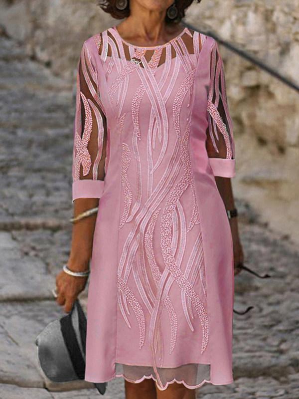 Round Neck Lace Splicing 5-sleeve Dress
