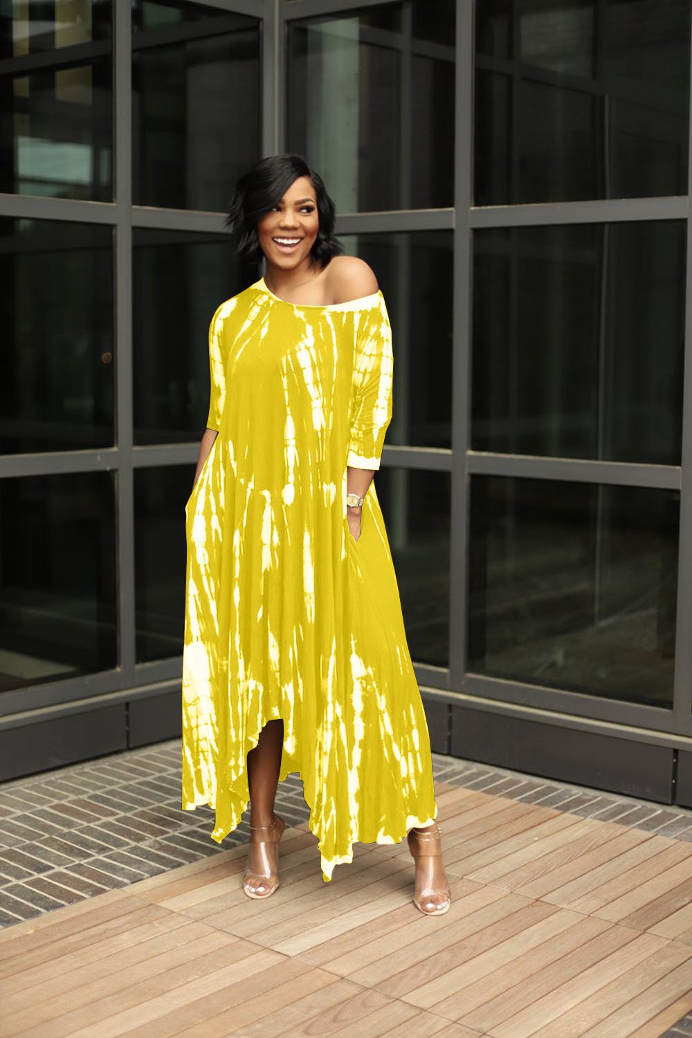 Wide Neck Tie Dyed Dress With Pockets