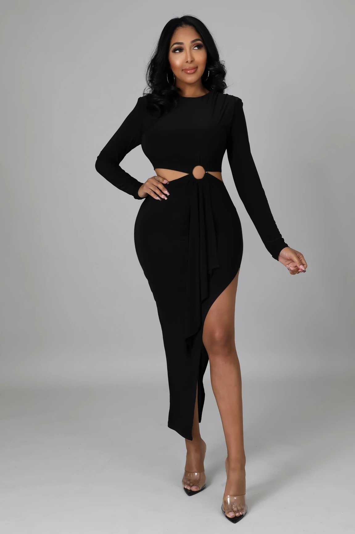 Solid Color Long Sleeve Irregular Waist Dress