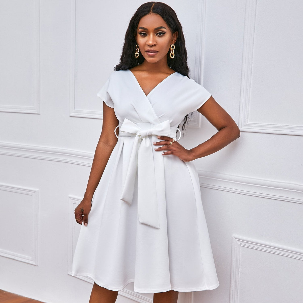Solid Color Deep V-neck Sexy Dress