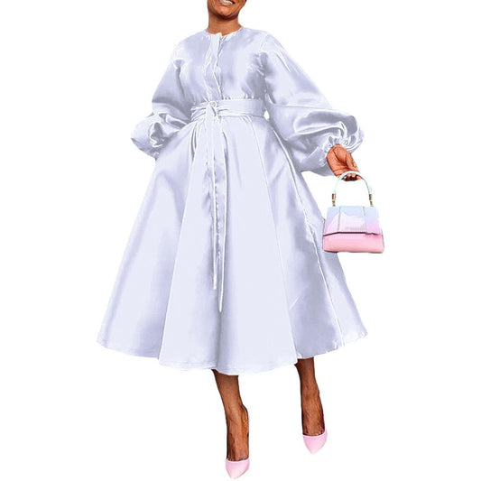 Solid color glossy loose buttoned lantern sleeve dress